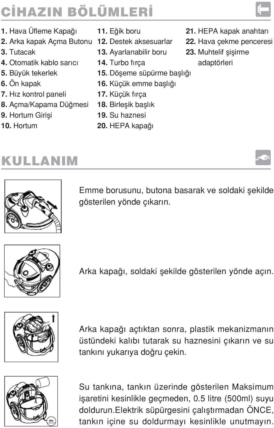 HEPA kapak anahtar 22. Hava çekme penceresi 23. Muhtelif fliflirme adaptörleri KULLANIM Emme borusunu, butona basarak ve soldaki flekilde gösterilen yönde ç kar n.