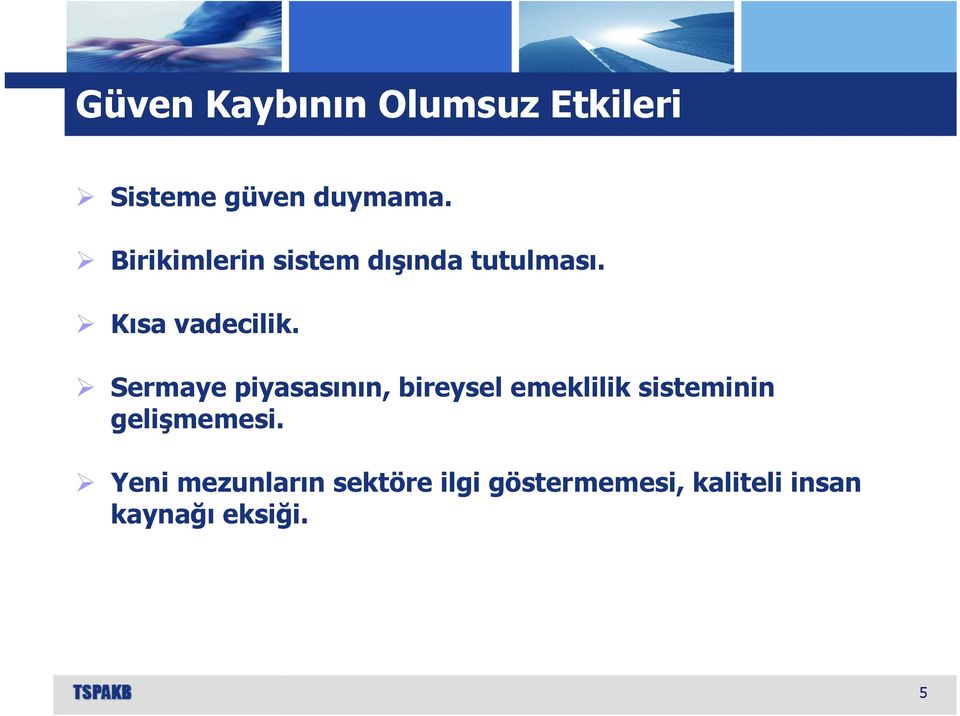 Sermaye piyasasının, bireysel emeklilik sisteminin gelişmemesi.