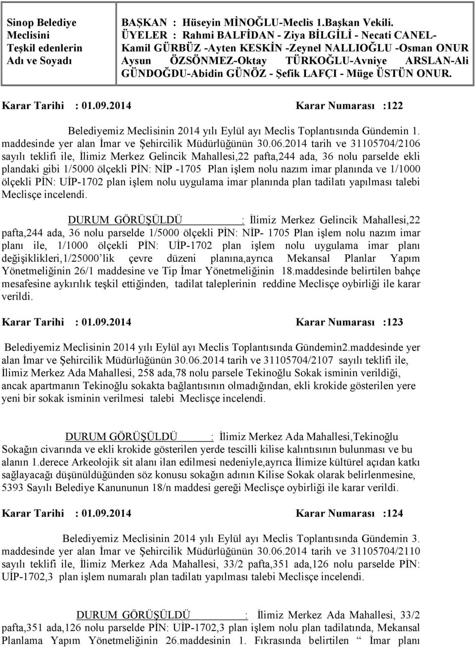 Müge ÜSTÜN ONUR. Karar Tarihi : 01.09.2014 Karar Numarası :122 Belediyemiz Meclisinin 2014 yılı Eylül ayı Meclis Toplantısında Gündemin 1. maddesinde yer alan İmar ve Şehircilik Müdürlüğünün 30.06.