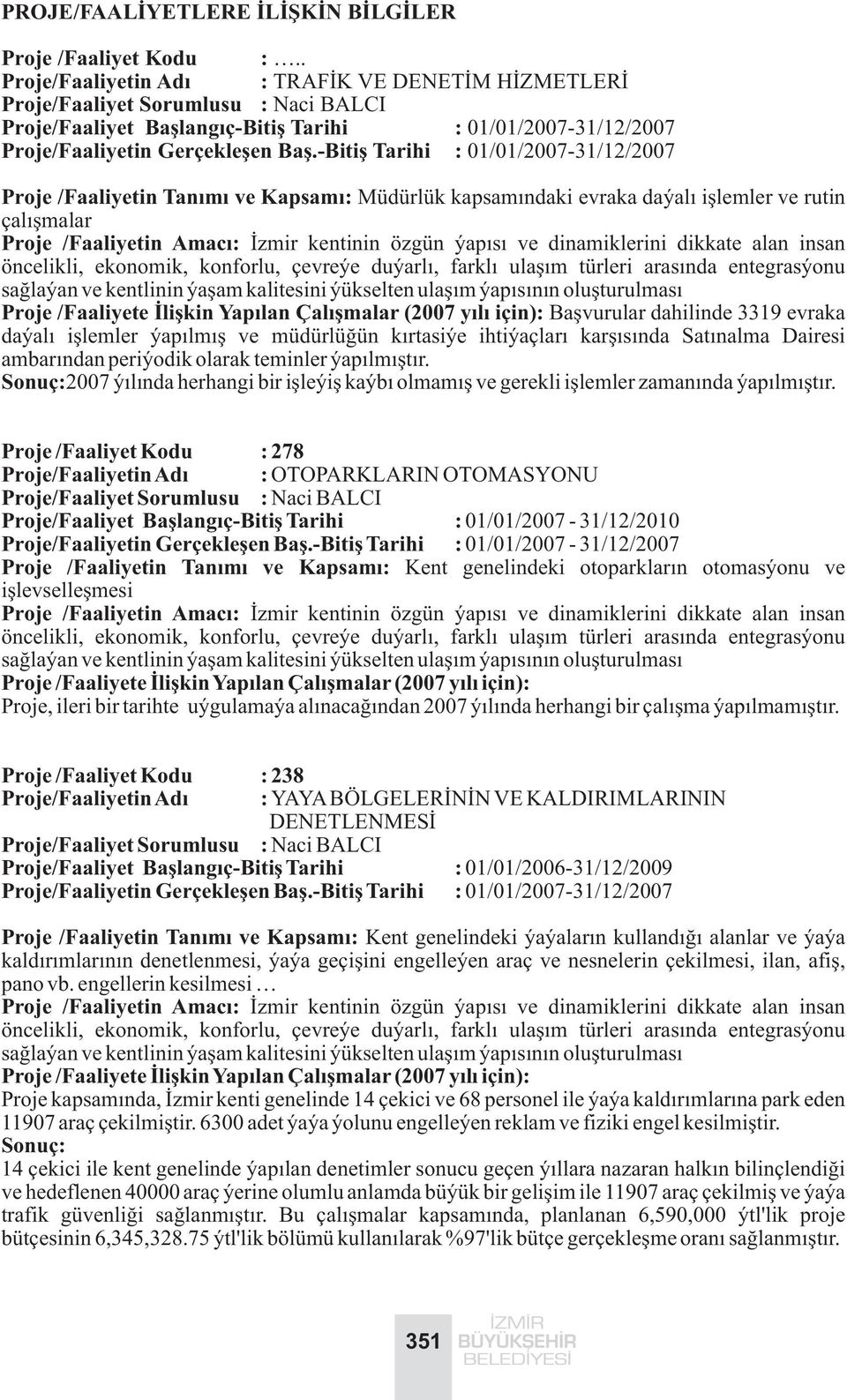 -Bitiþ Tarihi : 01/01/2007-31/12/2007 Proje /Faaliyetin Tanýmý ve Kapsamý: Müdürlük kapsamýndaki evraka dayalý iþlemler ve rutin çalýþmalar Proje /Faaliyetin Amacý: Ýzmir kentinin özgün yapýsý ve