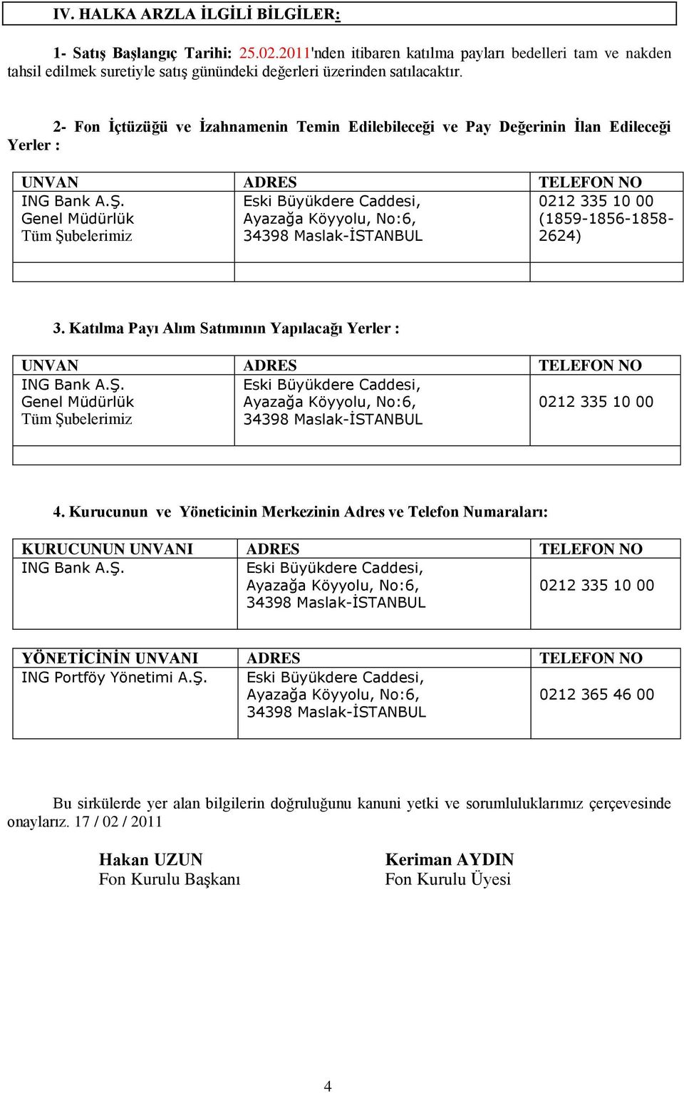 Katılma Payı Alım Satımının Yapılacağı Yerler : UNVAN ADRES TELEFON NO Genel Müdürlük Tüm Şubelerimiz 4.