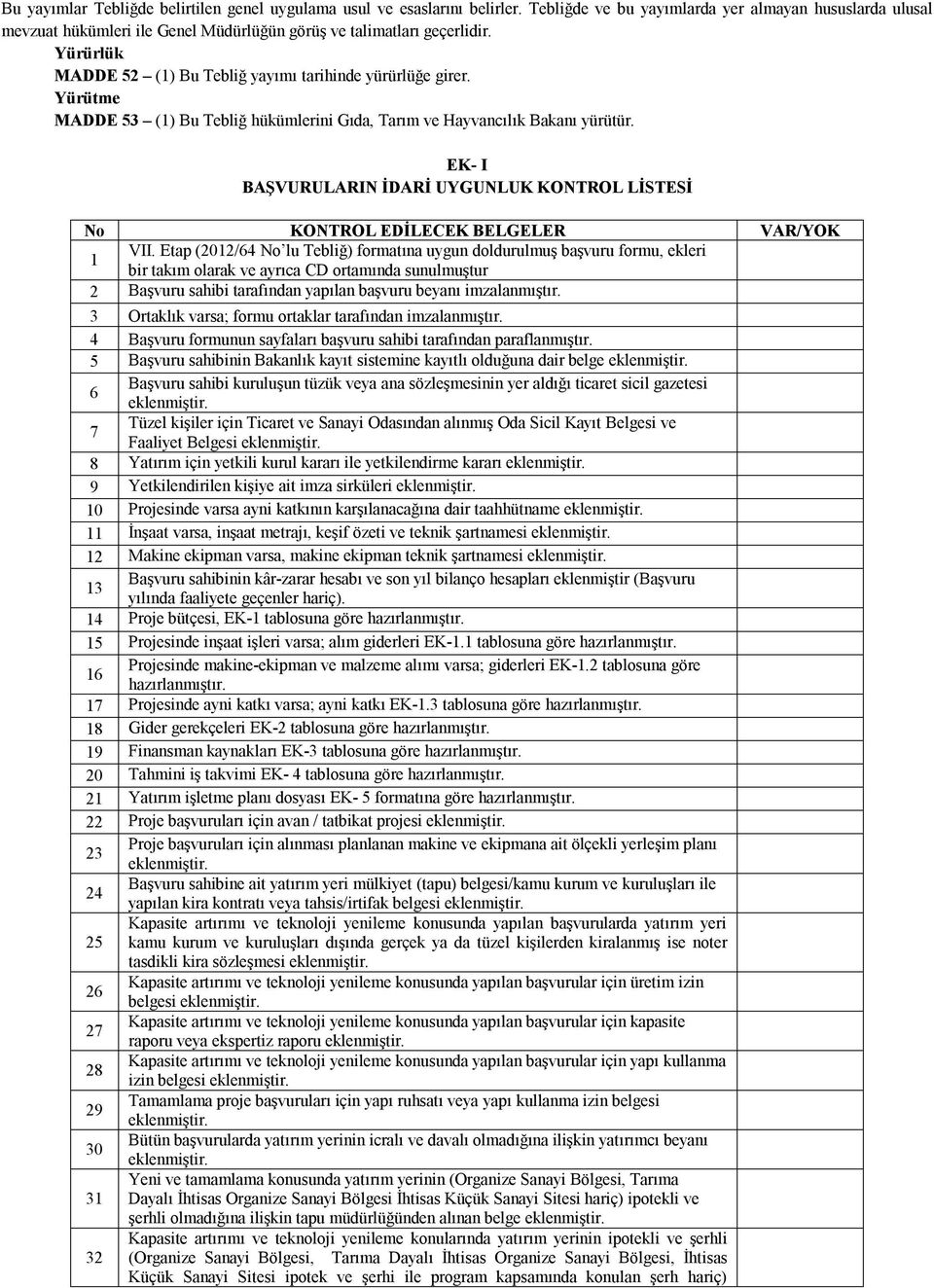 Yürütme MADDE 3 (1) Bu Tebliğ hükümlerini Gıda, Tarım ve Hayvancılık Bakanı yürütür. EK- I BAŞVURULARIN İDARİ UYGUNLUK KONTROL LİSTESİ No KONTROL EDİLECEK BELGELER VAR/YOK 1 VII.