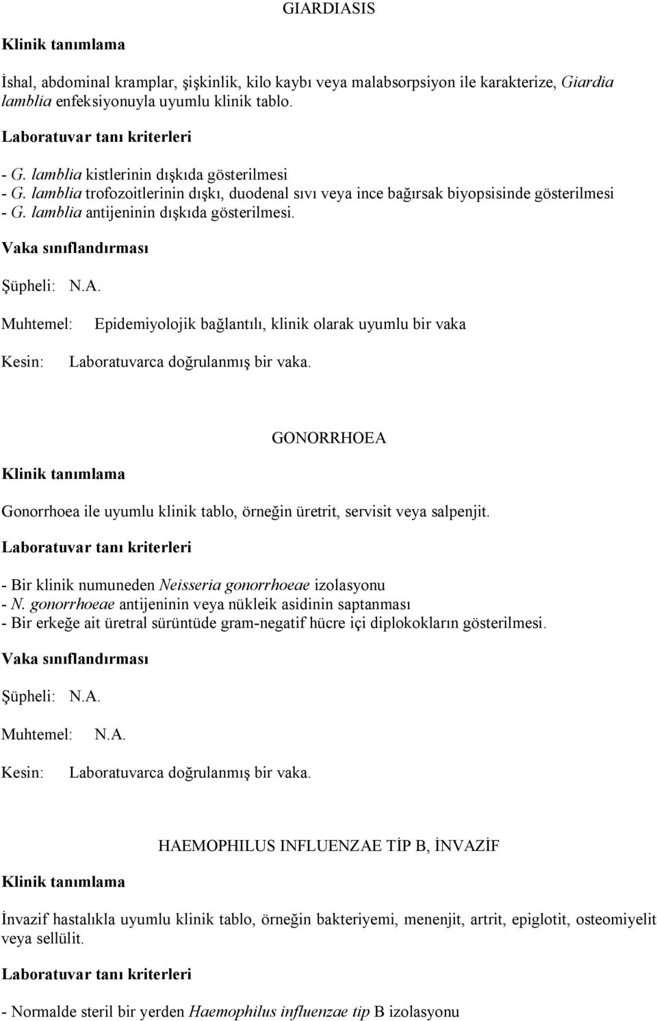 Epidemiyolojik bağlantılı, klinik olarak uyumlu bir vaka Laboratuvarca doğrulanmış bir vaka. GONORRHOEA Gonorrhoea ile uyumlu klinik tablo, örneğin üretrit, servisit veya salpenjit.