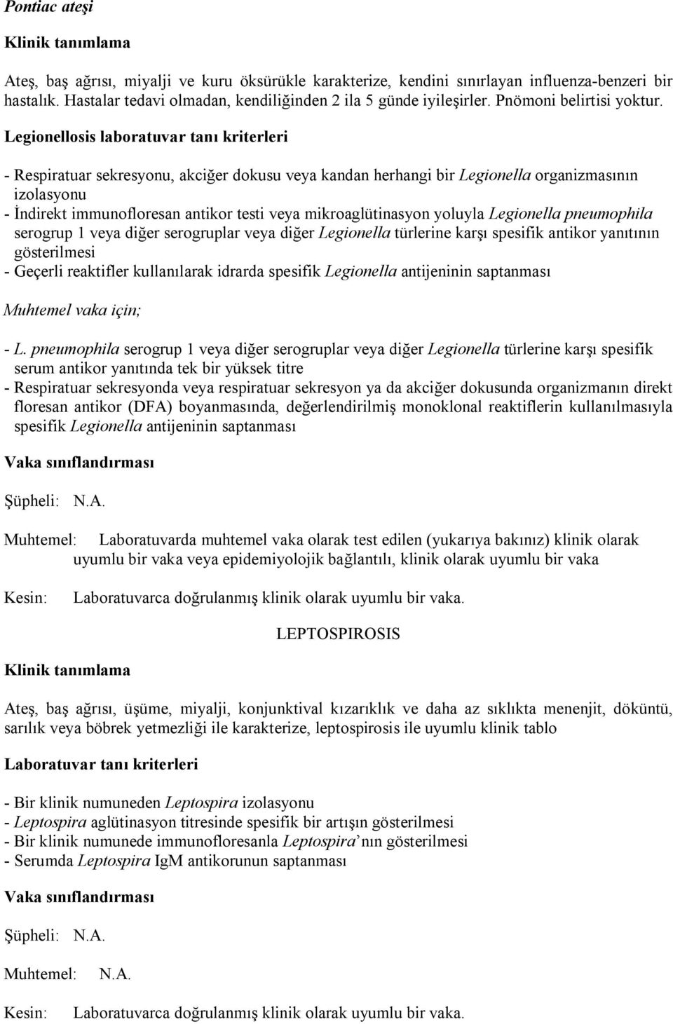 Legionellosis laboratuvar tanı kriterleri - Respiratuar sekresyonu, akciğer dokusu veya kandan herhangi bir Legionella organizmasının izolasyonu - İndirekt immunofloresan antikor testi veya