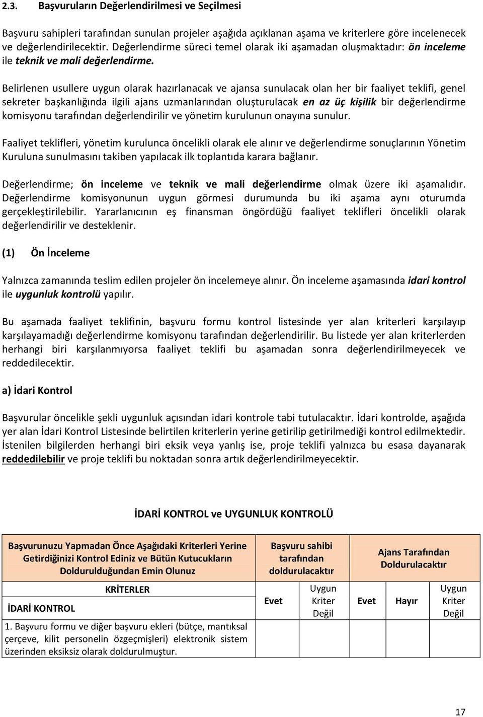 Belirlenen usullere uygun olarak hazırlanacak ve ajansa sunulacak olan her bir faaliyet teklifi, genel sekreter başkanlığında ilgili ajans uzmanlarından oluşturulacak en az üç kişilik bir