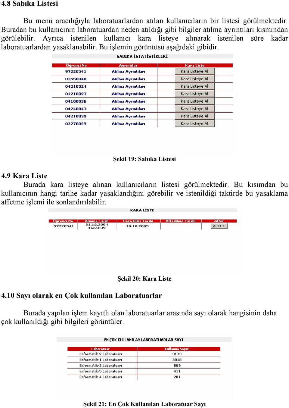 Ayrıca istenilen kullanıcı kara listeye alınarak istenilen süre kadar laboratuarlardan yasaklanabilir. Bu işlemin görüntüsü aşağıdaki gibidir. Şekil 19: Sabıka Listesi 4.