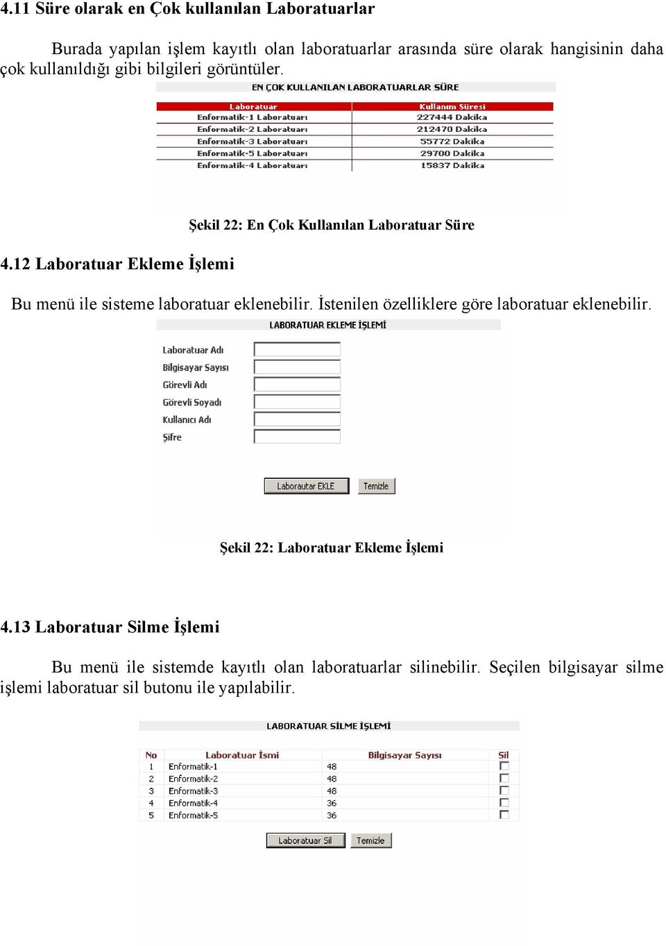 12 Laboratuar Ekleme İşlemi Şekil 22: En Çok Kullanılan Laboratuar Süre Bu menü ile sisteme laboratuar eklenebilir.