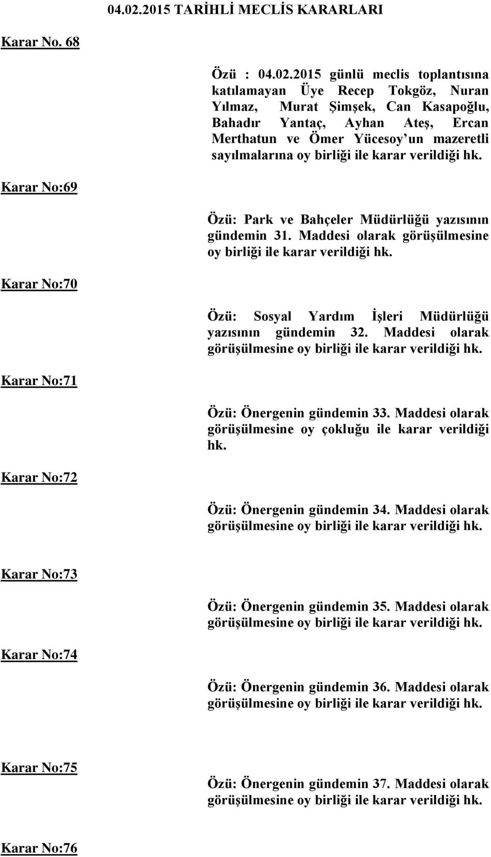 68 Özü : 2015 günlü meclis toplantısına katılamayan Üye Recep Tokgöz, Nuran Yılmaz, Murat Şimşek, Can Kasapoğlu, Bahadır Yantaç, Ayhan Ateş, Ercan Merthatun ve Ömer Yücesoy un mazeretli sayılmalarına