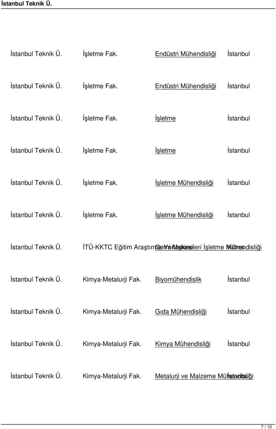 İşletme Fak. İşletme Mühendisliği İstanbul İstanbul Teknik Ü. İTÜ-KKTC Eğitim Araştırma Gemi Yerleşkesi Makineleri İşletme Mühendisliği Kıbrıs İstanbul Teknik Ü. Kimya-Metalurji Fak.