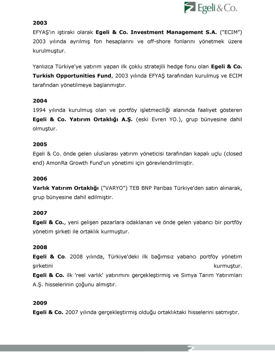 2004 1994 yılında kurulmuş olan ve portföy işletmeciliği alanında faaliyet gösteren Egeli & Co. Yatırım Ortaklığı A.Ş. (eski Evren YO.), grup bünyesine dahil olmuştur. 2005 Egeli & Co.