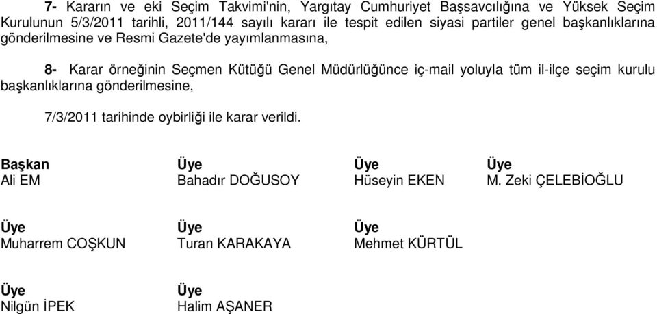 Müdürlüğünce iç-mail yoluyla tüm il-ilçe seçim kurulu başkanlıklarına gönderilmesine, 7/3/2011 tarihinde oybirliği ile karar verildi.