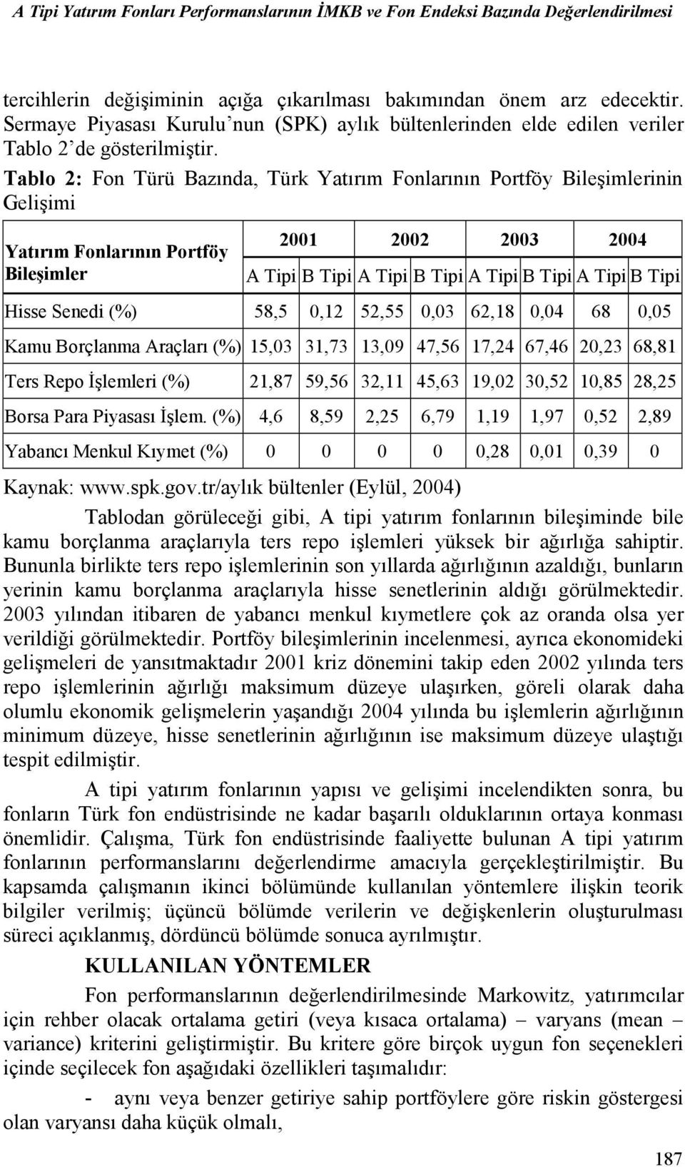 Tablo 2: Fon Türü Bazında, Türk Yatırım Fonlarının Portföy Bileşimlerinin Gelişimi Yatırım Fonlarının Portföy Bileşimler 2001 2002 2003 2004 A Tii B Tii A Tii B Tii A Tii B Tii A Tii B Tii Hisse