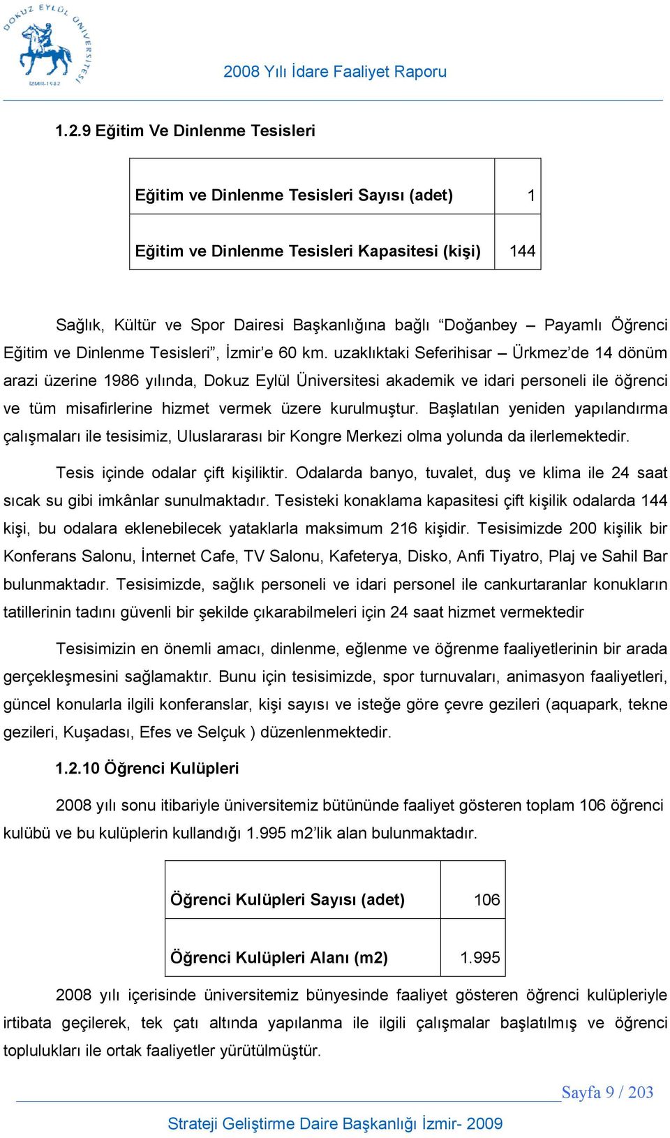 uzaklktaki Seferihisar Ürkmez de 14 dönüm arazi üzerine 1986 ylnda, Dokuz Eylül Üniversitesi akademik ve idari personeli ile örenci ve tüm misafirlerine hizmet vermek üzere kurulmutur.