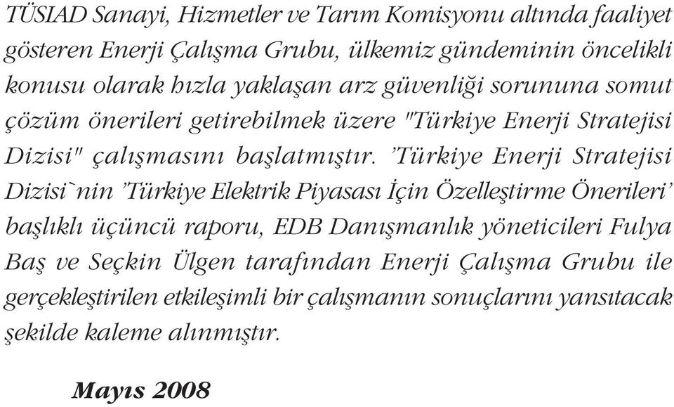 'Türkiye Enerji Stratejisi Dizisi`nin 'Türkiye Elektrik Piyasasý Ýçin Özelleþtirme Önerileri baþlýklý üçüncü raporu, EDB Danýþmanlýk yöneticileri