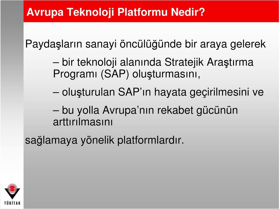 alanında Stratejik Araştırma Programı (SAP) oluşturmasını, oluşturulan