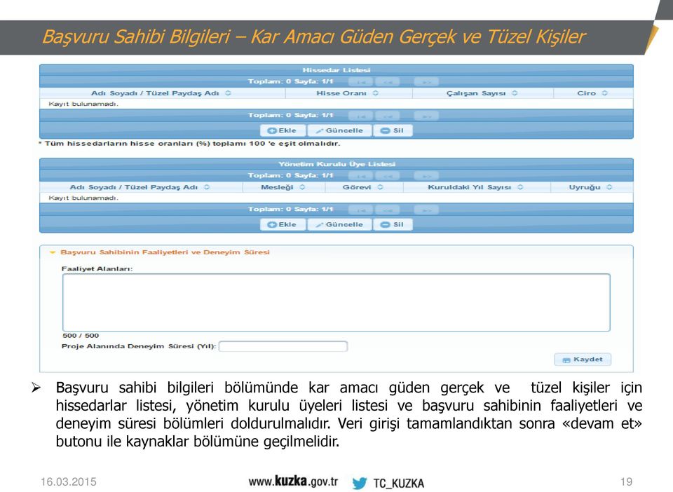 üyeleri listesi ve başvuru sahibinin faaliyetleri ve deneyim süresi bölümleri doldurulmalıdır.