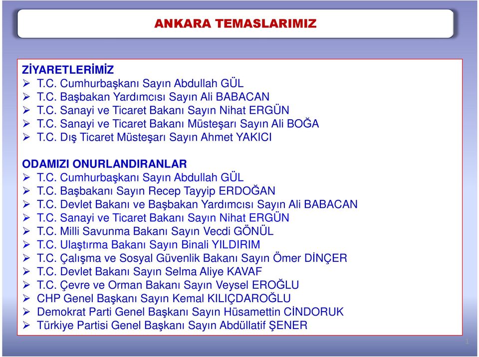 C. Sanayi ve Ticaret Bakanı Sayın Nihat ERGÜN T.C. Milli Savunma Bakanı Sayın Vecdi GÖNÜL T.C. Ulaştırma Bakanı Sayın Binali YILDIRIM T.C. Çalışma ve Sosyal Güvenlik Bakanı Sayın Ömer DĐNÇER T.C. Devlet Bakanı Sayın Selma Aliye KAVAF T.