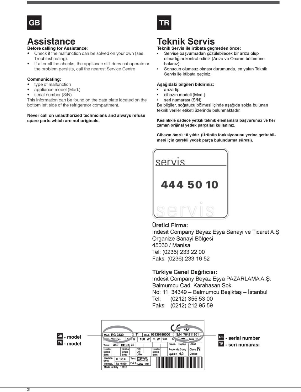 ) serial number (S/N) This information can be found on the data plate located on the bottom left side of the refrigerator compartment.