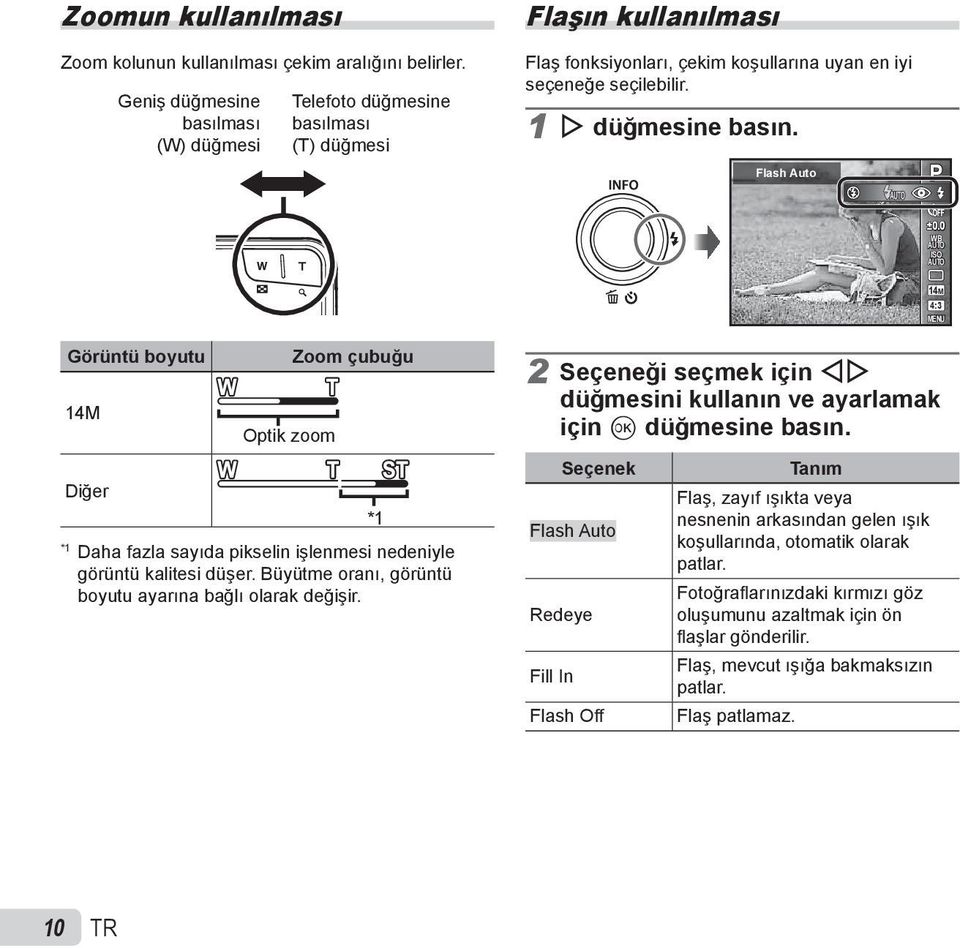 Flash Auto P 0.0 WB AUTO ISO AUTO 14M 4:3 MENU Görüntü boyutu 14M Optik zoom Zoom çubuğu Diğer *1 *1 Daha fazla sayıda pikselin işlenmesi nedeniyle görüntü kalitesi düşer.