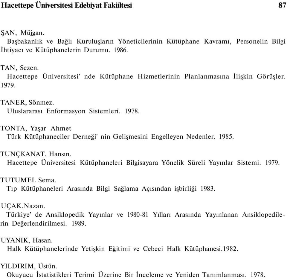 TONTA, Yaşar Ahmet Türk Kütüphaneciler Derneği' nin Gelişmesini Engelleyen Nedenler. 1985. TUNÇKANAT. Hansın. Hacettepe Üniversitesi Kütüphaneleri Bilgisayara Yönelik Süreli Yayınlar Sistemi. 1979.