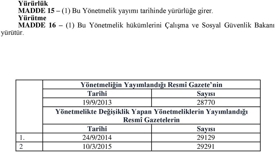 Yönetmeliğin Yayımlandığı Resmî Gazete nin Tarihi Sayısı 19/9/2013 28770 Yönetmelikte