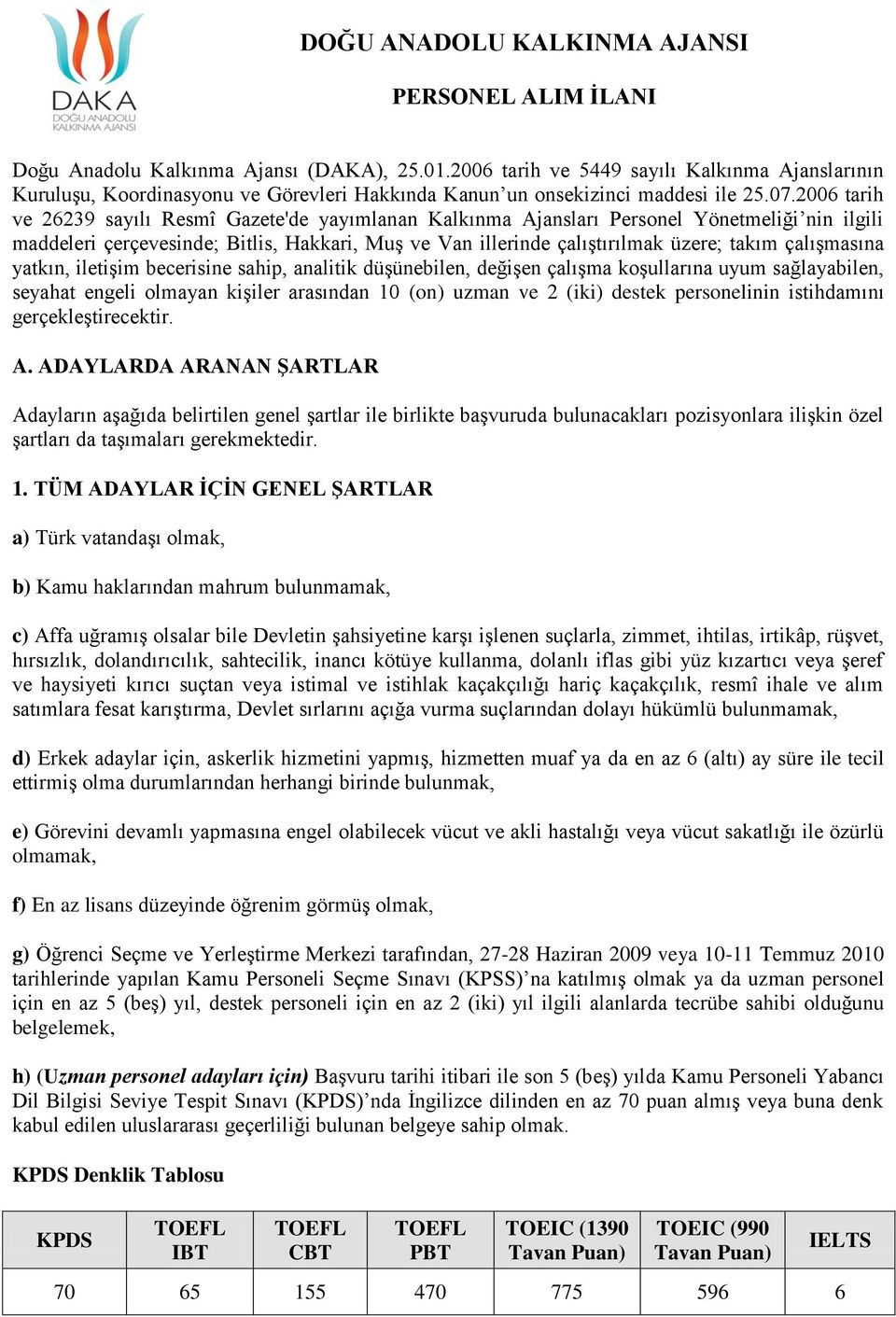2006 tarih ve 26239 sayılı Resmî Gazete'de yayımlanan Kalkınma Ajansları Personel Yönetmeliği nin ilgili maddeleri çerçevesinde; Bitlis, Hakkari, Muş ve Van illerinde çalıştırılmak üzere; takım