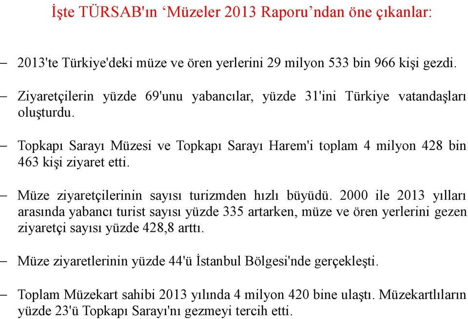 Topkapı Sarayı Müzesi ve Topkapı Sarayı Harem'i toplam 4 milyon 428 bin 463 kişi ziyaret etti. Müze ziyaretçilerinin sayısı turizmden hızlı büyüdü.