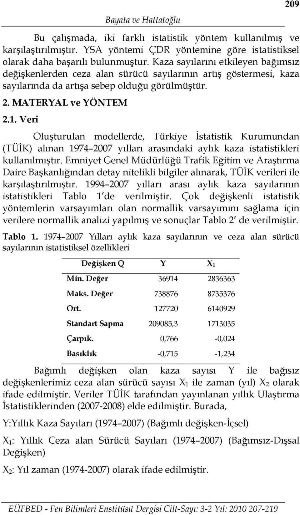 . Veri Oluşturulan modellerde, Türkiye İstatistik Kurumundan (TÜİK) alınan 974 007 yılları arasındaki aylık kaza istatistikleri kullanılmıştır.