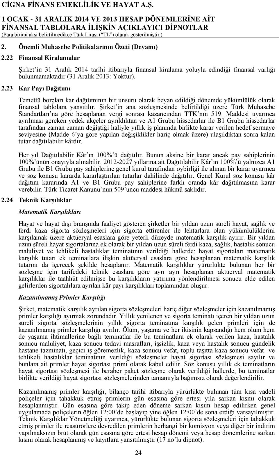 Şirket in ana sözleşmesinde belirtildiği üzere Türk Muhasebe Standartları na göre hesaplanan vergi sonrası kazancından TTK nın 519.
