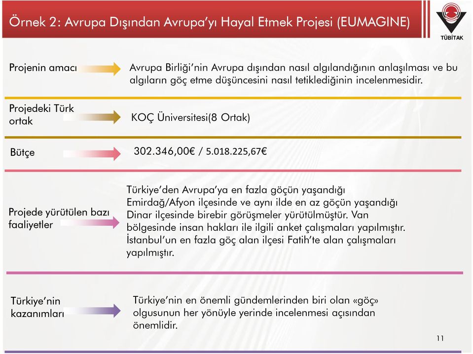 225,67 Projede yürütülen bazı faaliyetler Türkiye den Avrupa ya en fazla göçün yaşandığı Emirdağ/Afyon ilçesinde ve aynı ilde en az göçün yaşandığı Dinar ilçesinde birebir görüşmeler