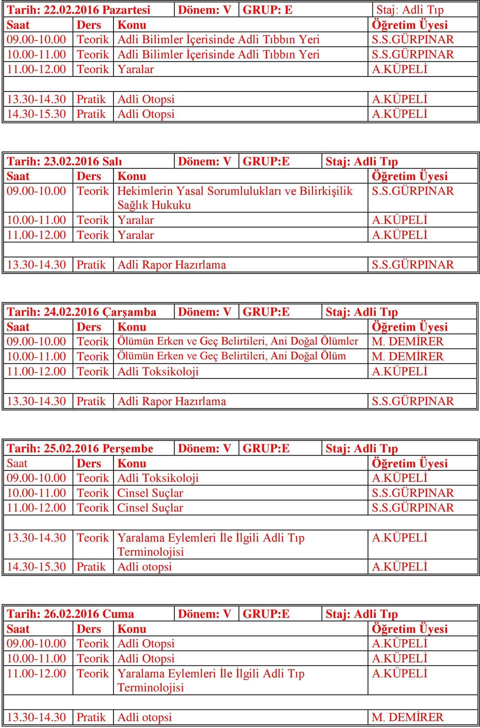 00 Teorik Hekimlerin Yasal Sorumlulukları ve Bilirkişilik S.S.GÜRPINAR Sağlık Hukuku 10.00-11.00 Teorik Yaralar 11.00-12.00 Teorik Yaralar Tarih: 24.02.2016 Çarşamba Dönem: V GRUP:E Staj: Adli Tıp 09.