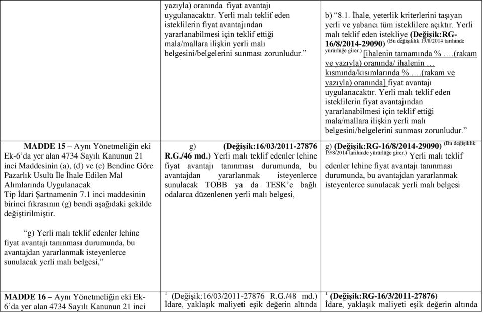 g) Yerli malı teklif edenler lehine fiyat avantajı tanınması durumunda, bu avantajdan yararlanmak isteyenlerce sunulacak yerli malı belgesi, yazıyla) oranında fiyat avantajı g)