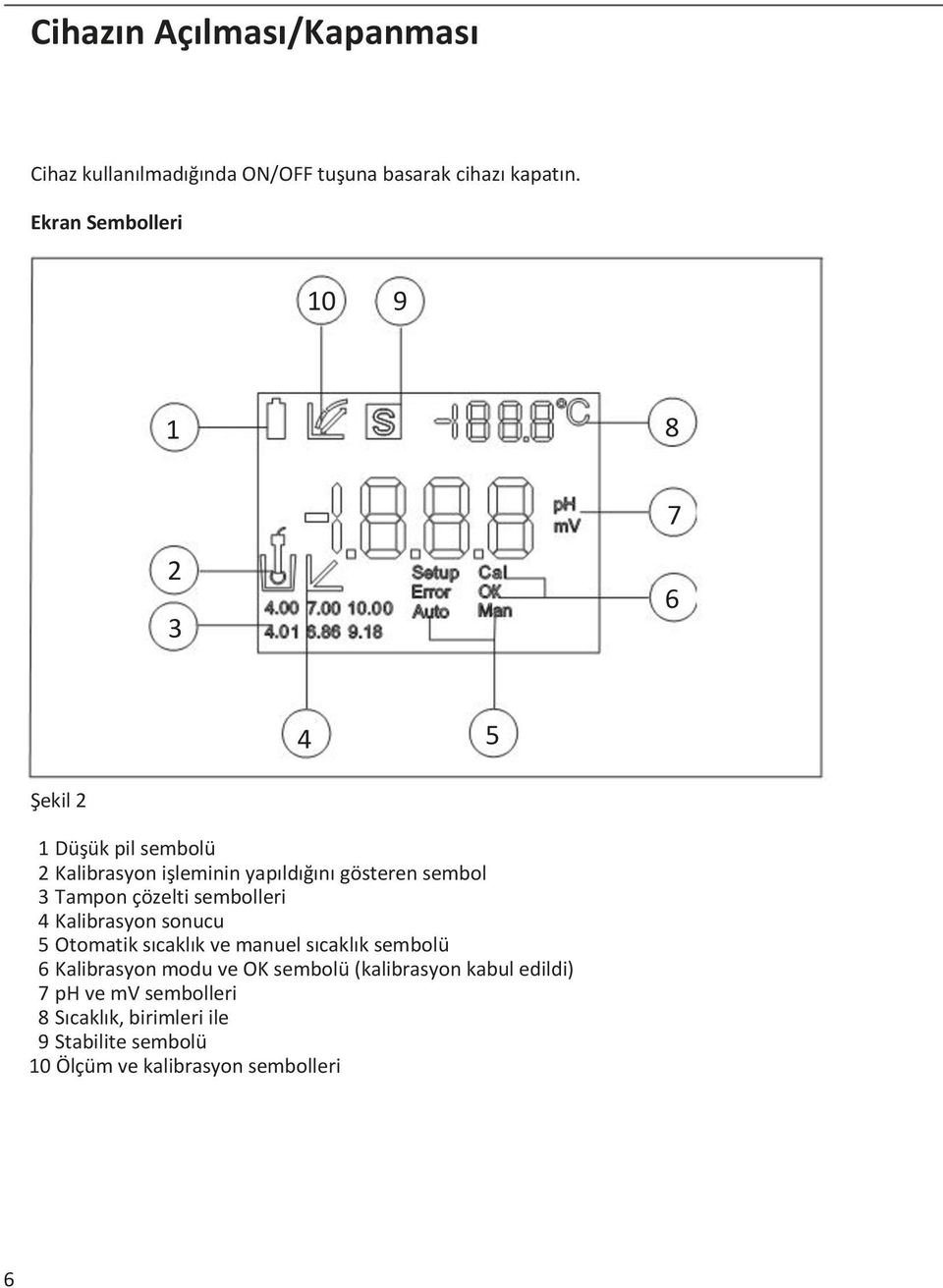 sembol 3 Tampon çözelti sembolleri 4 Kalibrasyon sonucu 5 Otomatik sıcaklık ve manuel sıcaklık sembolü 6 Kalibrasyon