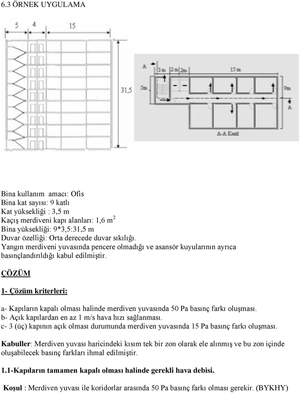 ÇÖZÜM 1- Çözüm kriterleri: a- Kapıların kapalı olması halinde merdiven yuvasında 50 Pa basınç farkı oluşması. b- Açık kapılardan en az 1 m/s hava hızı sağlanması.