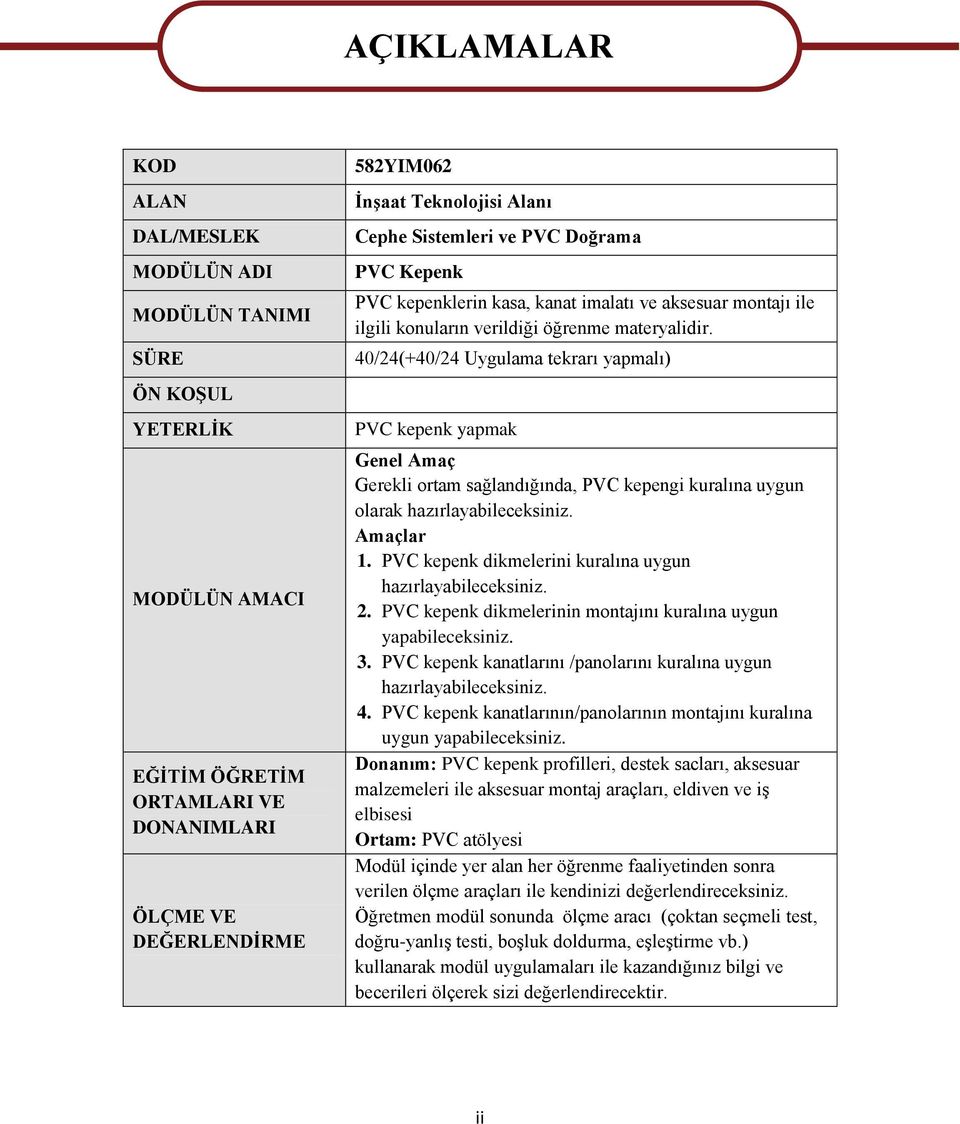 40/24(+40/24 Uygulama tekrarı yapmalı) PVC kepenk yapmak Genel Amaç Gerekli ortam sağlandığında, PVC kepengi kuralına uygun olarak hazırlayabileceksiniz. Amaçlar 1.