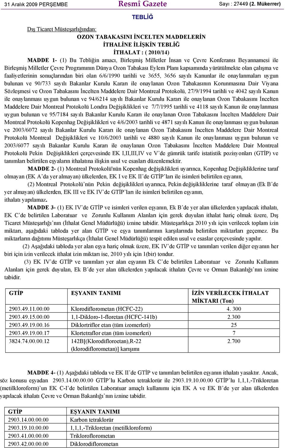 Konferansı Beyannamesi ile Birleşmiş Milletler Çevre Programının Dünya Ozon Tabakası Eylem Planı kapsamında yürütülmekte olan çalışma ve faaliyetlerinin sonuçlarından biri olan 6/6/1990 tarihli ve