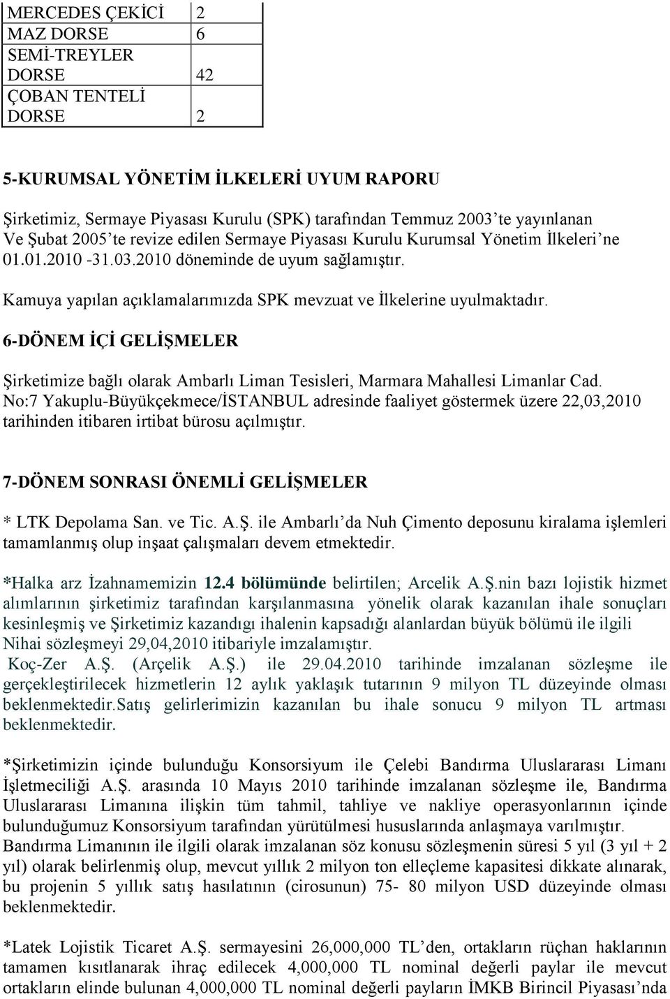 Kamuya yapılan açıklamalarımızda SPK mevzuat ve İlkelerine uyulmaktadır. 6-DÖNEM İÇİ GELİŞMELER Şirketimize bağlı olarak Ambarlı Liman Tesisleri, Marmara Mahallesi Limanlar Cad.