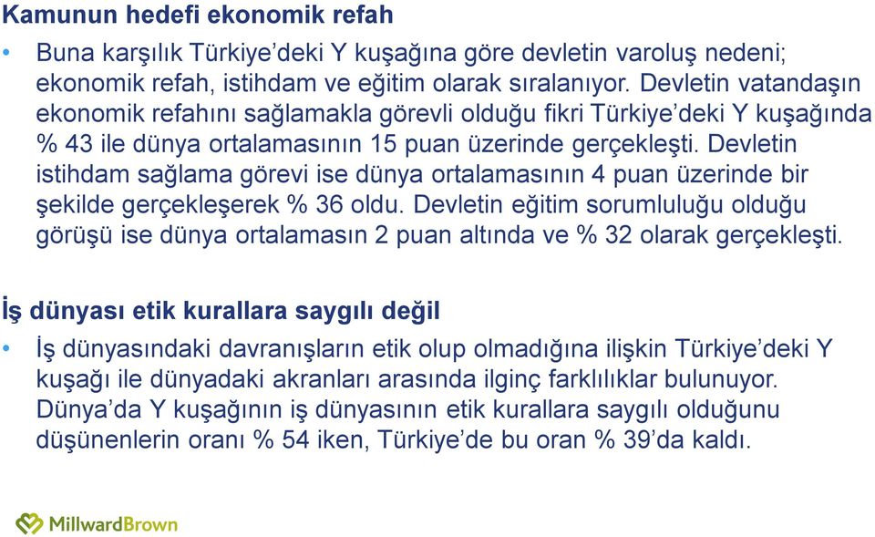 Devletin istihdam sağlama görevi ise dünya ortalamasının 4 puan üzerinde bir şekilde gerçekleşerek % 36 oldu.