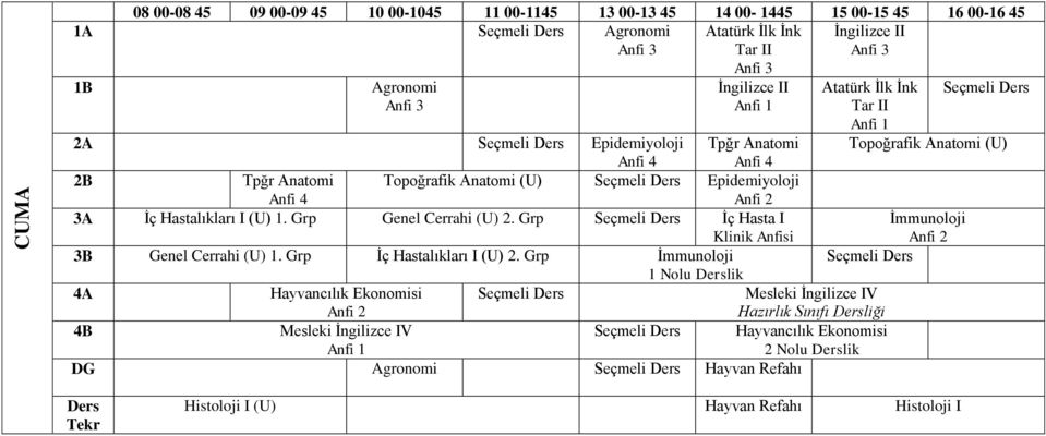 Grp Seçmeli Ders İç Hasta I İmmunoloji Genel Cerrahi (U) 1. Grp İç Hastalıkları I (U) 2.