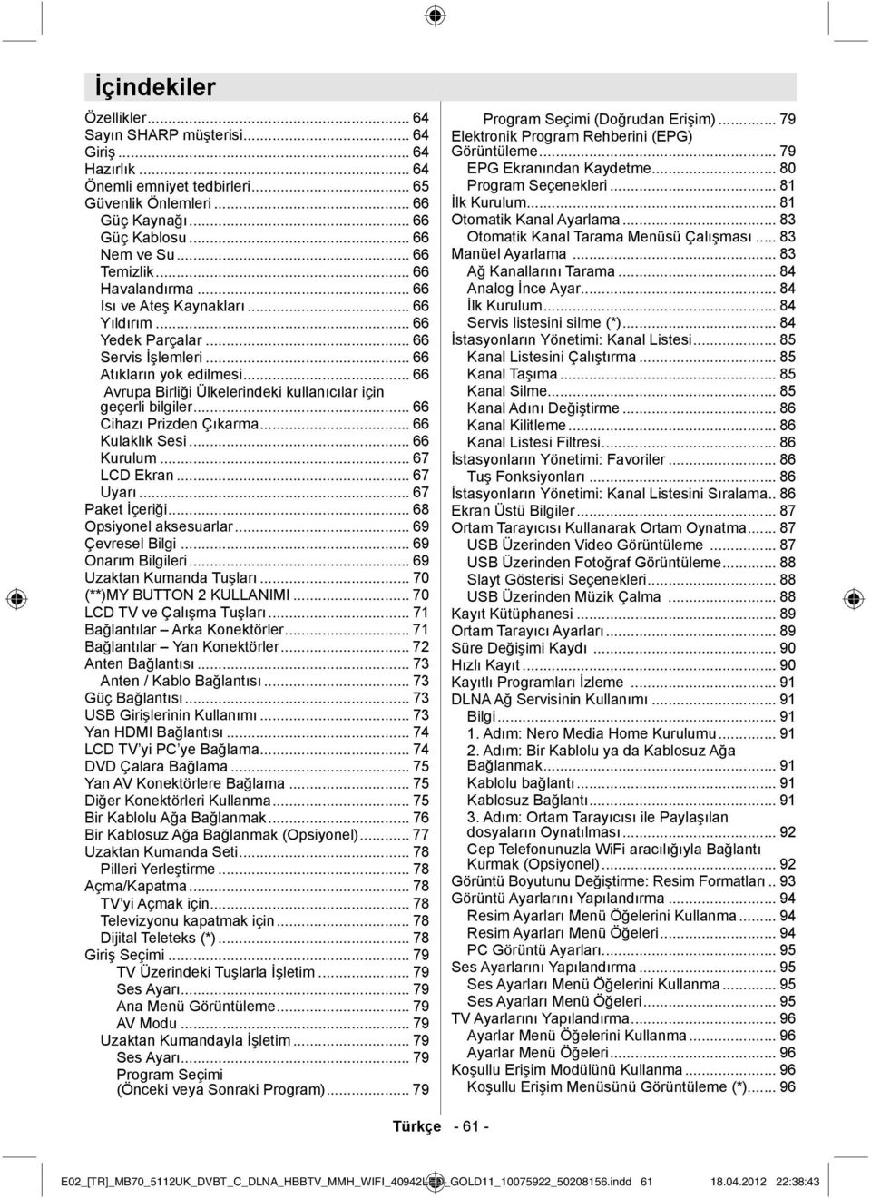 .. 66 Avrupa Birliği Ülkelerindeki kullanıcılar için geçerli bilgiler... 66 Cihazı Prizden Çıkarma... 66 Kulaklık Sesi... 66 Kurulum... 67 LCD Ekran... 67 Uyarı... 67 Paket İçeriği.