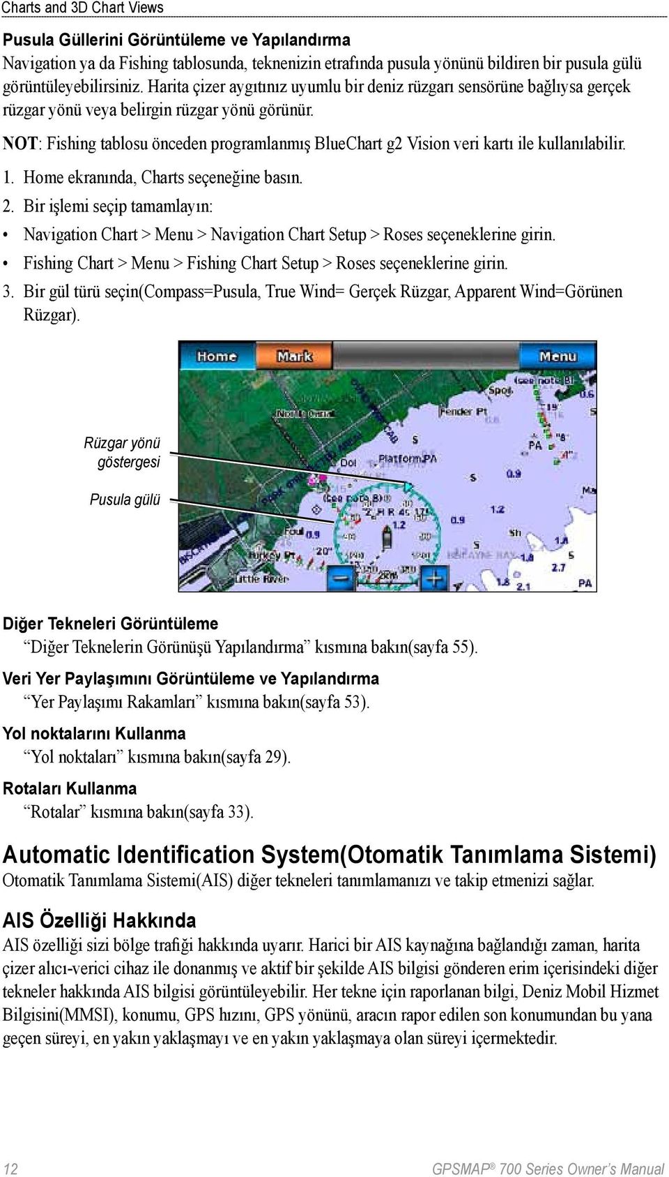 NOT: Fishing tablosu önceden programlanmış BlueChart g2 Vision veri kartı ile kullanılabilir. 1. Home ekranında, Charts seçeneğine basın. 2.