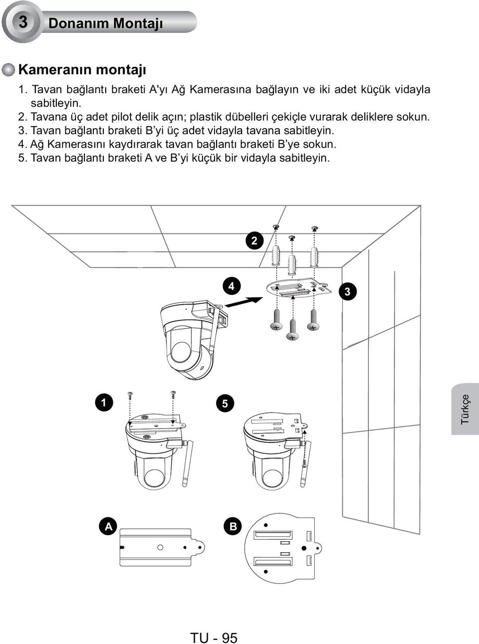 Tavana üç adet pilot delik açın; plastik dübelleri çekiçle vurarak deliklere sokun. 3.