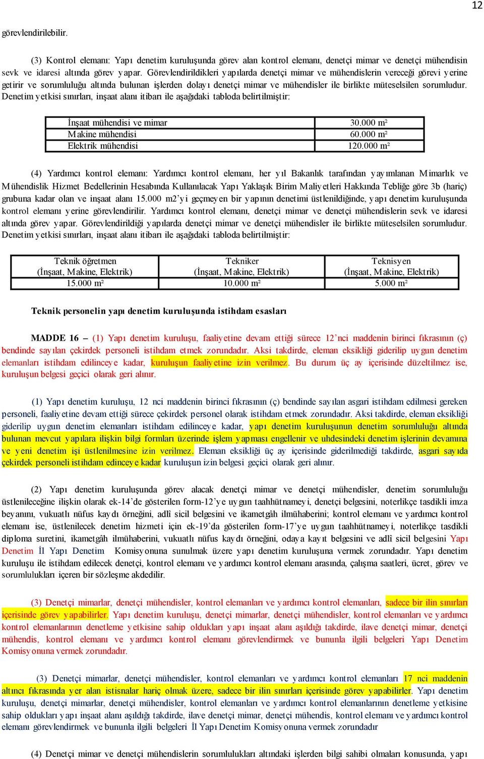 sorumludur. Denetim yetkisi sınırları, inşaat alanı itibarı ile aşağıdaki tabloda belirtilmiştir: İnşaat mühendisi ve mimar 30.000 m² Makine mühendisi 60.000 m² Elektrik mühendisi 120.