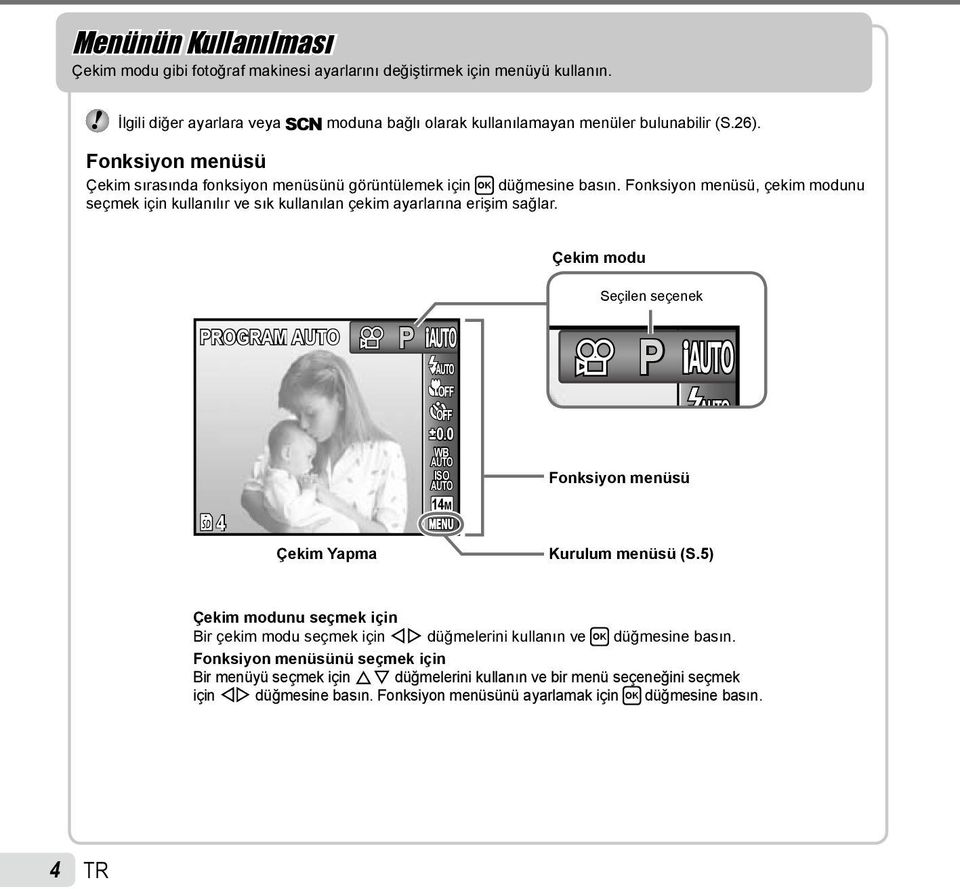 Çekim modu PROGRAM P PROGRAM Seçilen seçenek P 0.0 WB ISO Fonksiyon menüsü 0.0 14M 4 Çekim Yapma Kurulum menüsü (S.