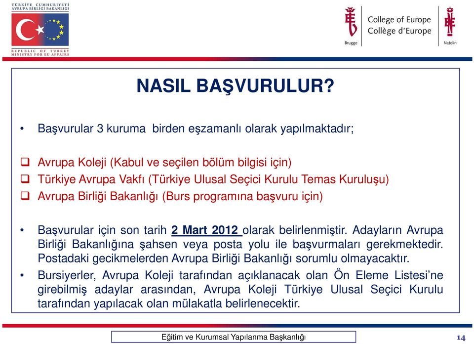 Kuruluşu) Avrupa Birliği Bakanlığı (Burs programına başvuru için) Başvurular için son tarih 2 Mart 2012 olarak belirlenmiştir.