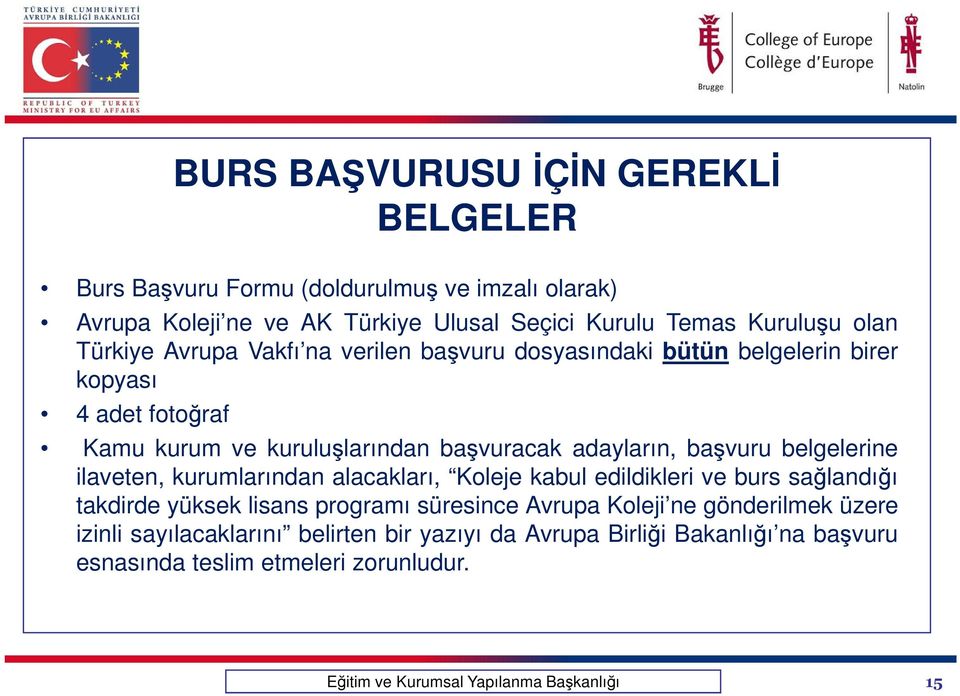 başvuracak adayların, başvuru belgelerine ilaveten, kurumlarından alacakları, Koleje kabul edildikleri ve burs sağlandığı takdirde yüksek lisans