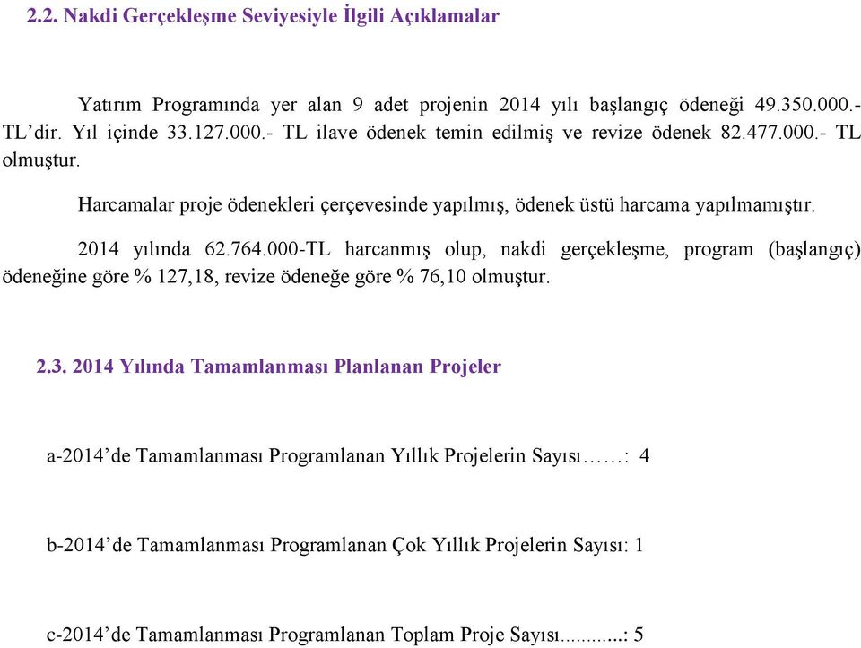 Harcamalar proje ödenekleri çerçevesinde yapılmış, ödenek üstü harcama yapılmamıştır. 2014 yılında 62.764.