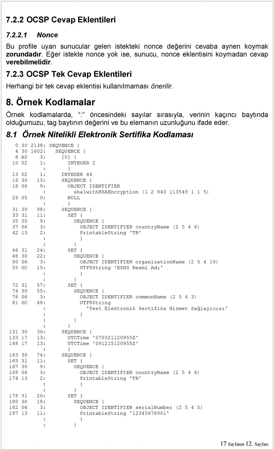 Örnek Kodlamalar Örnek kodlamalarda, : öncesindeki sayılar sırasıyla, verinin kaçıncı baytında olduğumuzu, tag baytının değerini ve bu elemanın uzunluğunu ifade eder. 8.