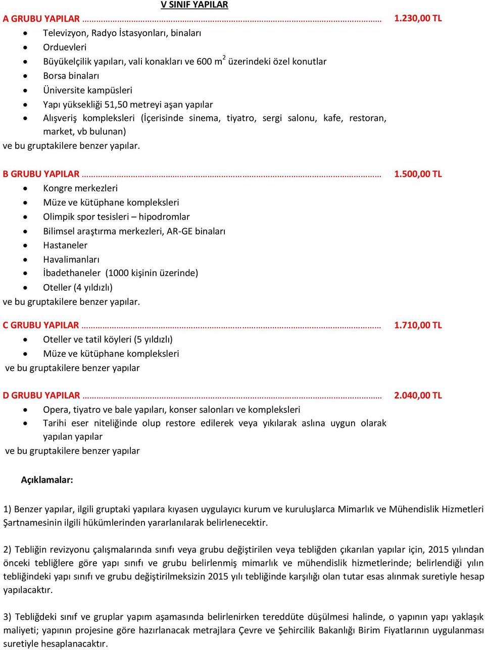 tesisleri hipodromlar Bilimsel araştırma merkezleri, AR-GE binaları Hastaneler Havalimanları İbadethaneler (1000 kişinin üzerinde) Oteller (4 yıldızlı) Oteller ve tatil köyleri (5 yıldızlı) Müze ve