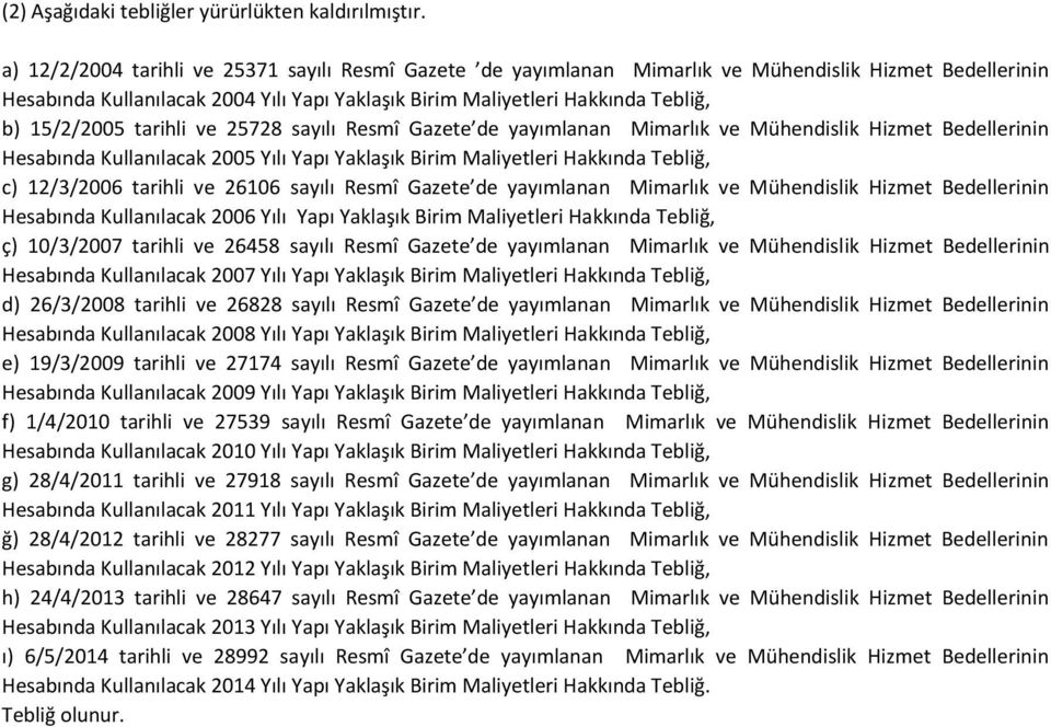 15/2/2005 tarihli ve 25728 sayılı Resmî Gazete de yayımlanan Mimarlık ve Mühendislik Hizmet Bedellerinin Hesabında Kullanılacak 2005 Yılı Yapı Yaklaşık Birim Maliyetleri Hakkında Tebliğ, c) 12/3/2006